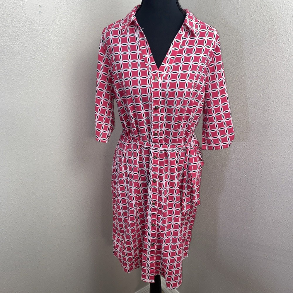 Adrienne Vittadini Belted Dress Women's Medium Pink Geometric Business Casual